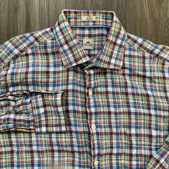 Peter Millar Other - Peter Millar Shirt Mens Large Blue Pink Plaid Button Up Casual Pocket 100% Linen